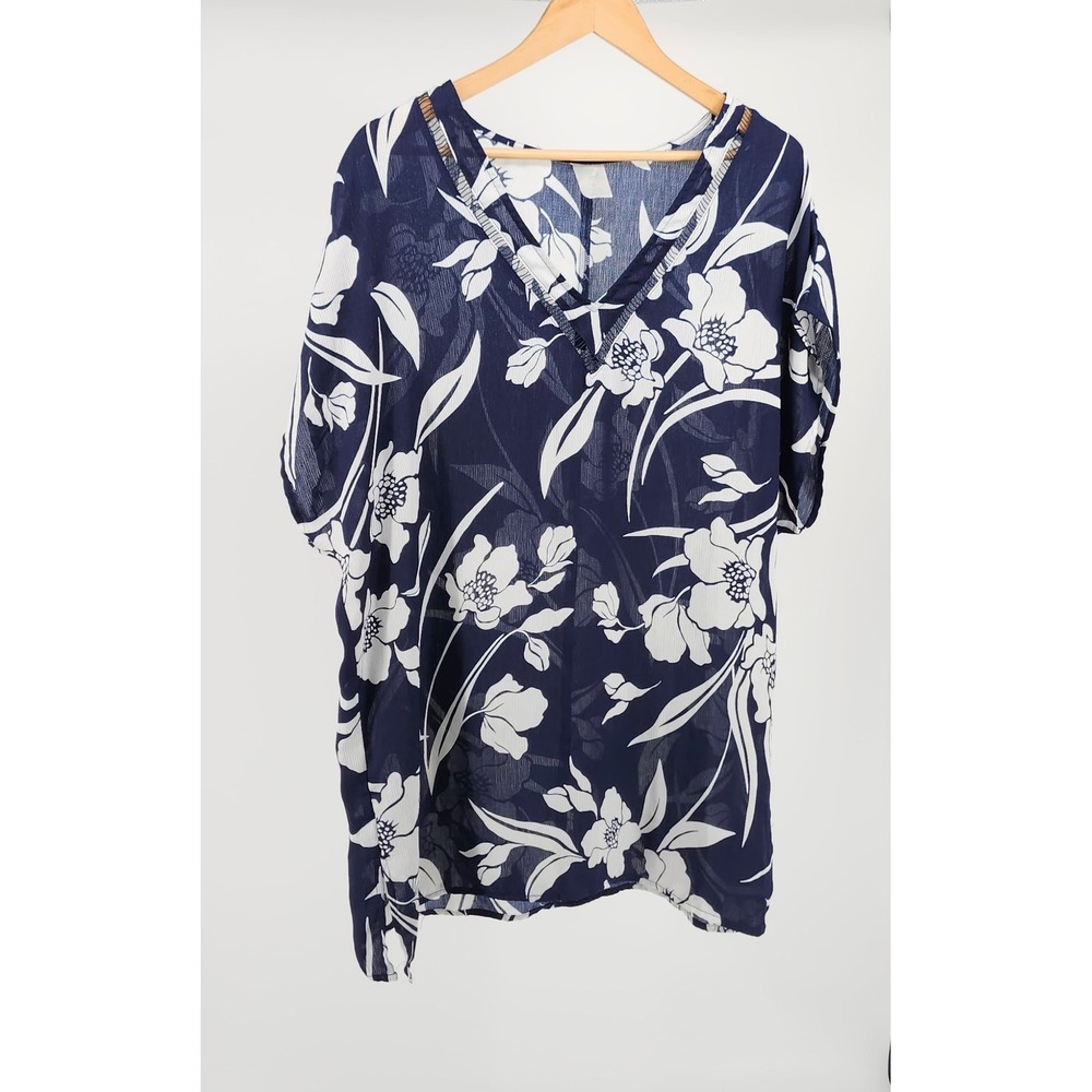 Kona Sol Womens Navy Blue White Floral‎ V-Neck Swim Cover Up Top Size Medium